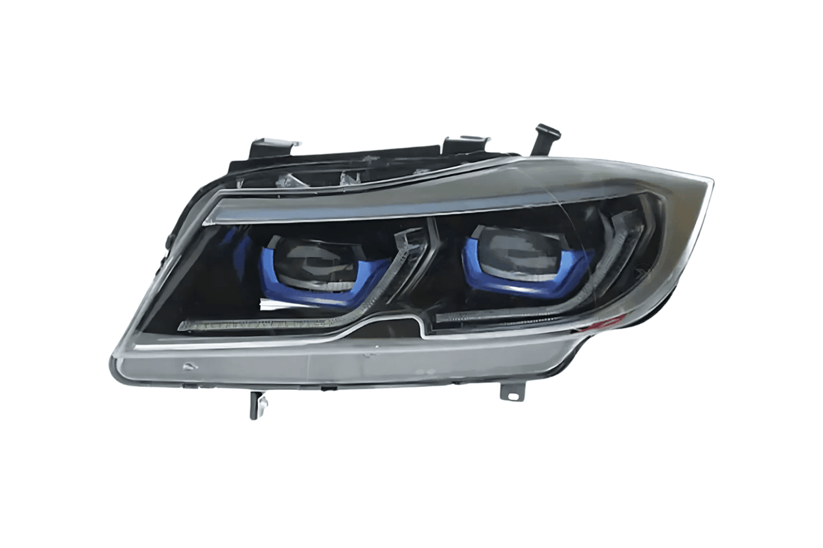 BMW 3-Series E90 modern style headlights by K2 Industries, featuring sleek design and clear lenses for 2005-2012 models.