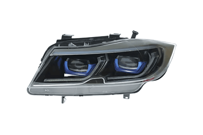 BMW 3-Series E90 modern style headlights by K2 Industries, featuring sleek design and clear lenses for 2005-2012 models.