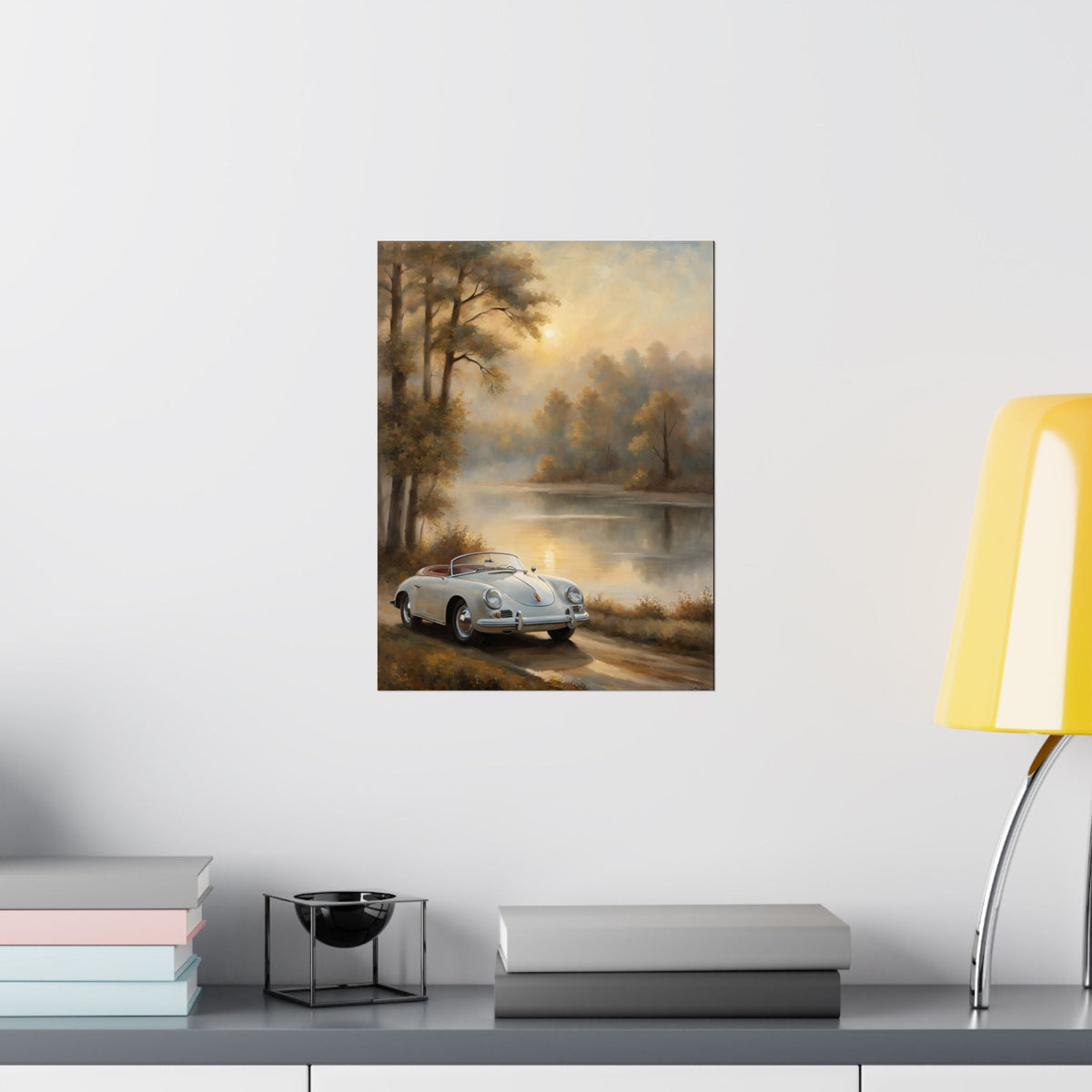 Vintage 1956 Porsche 356 Speedster Poster | Misty Lakeside Sunrise Wall Art | Impressionist European Classic Sports Car Fine Art Paper Print