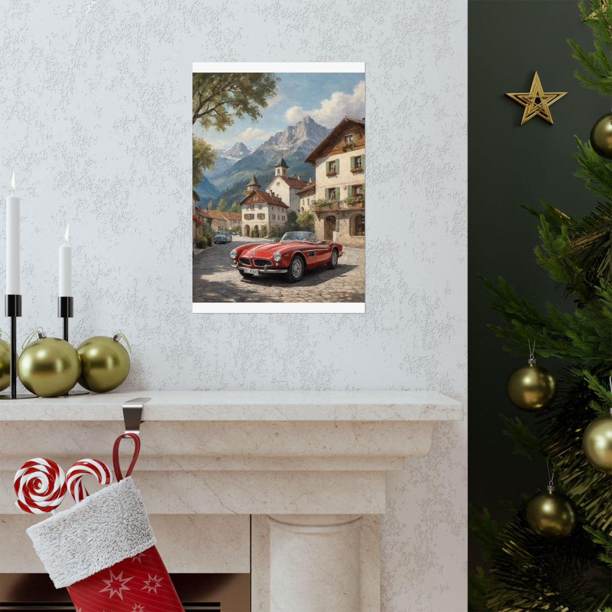 Vintage 1957 BMW 507 Roadster Poster | Bavarian Alpine Village Wall Art | Impressionist European Classic Sports Car Fine Art Paper Print