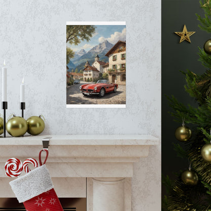 Vintage 1957 BMW 507 Roadster Poster | Bavarian Alpine Village Wall Art | Impressionist European Classic Sports Car Fine Art Paper Print