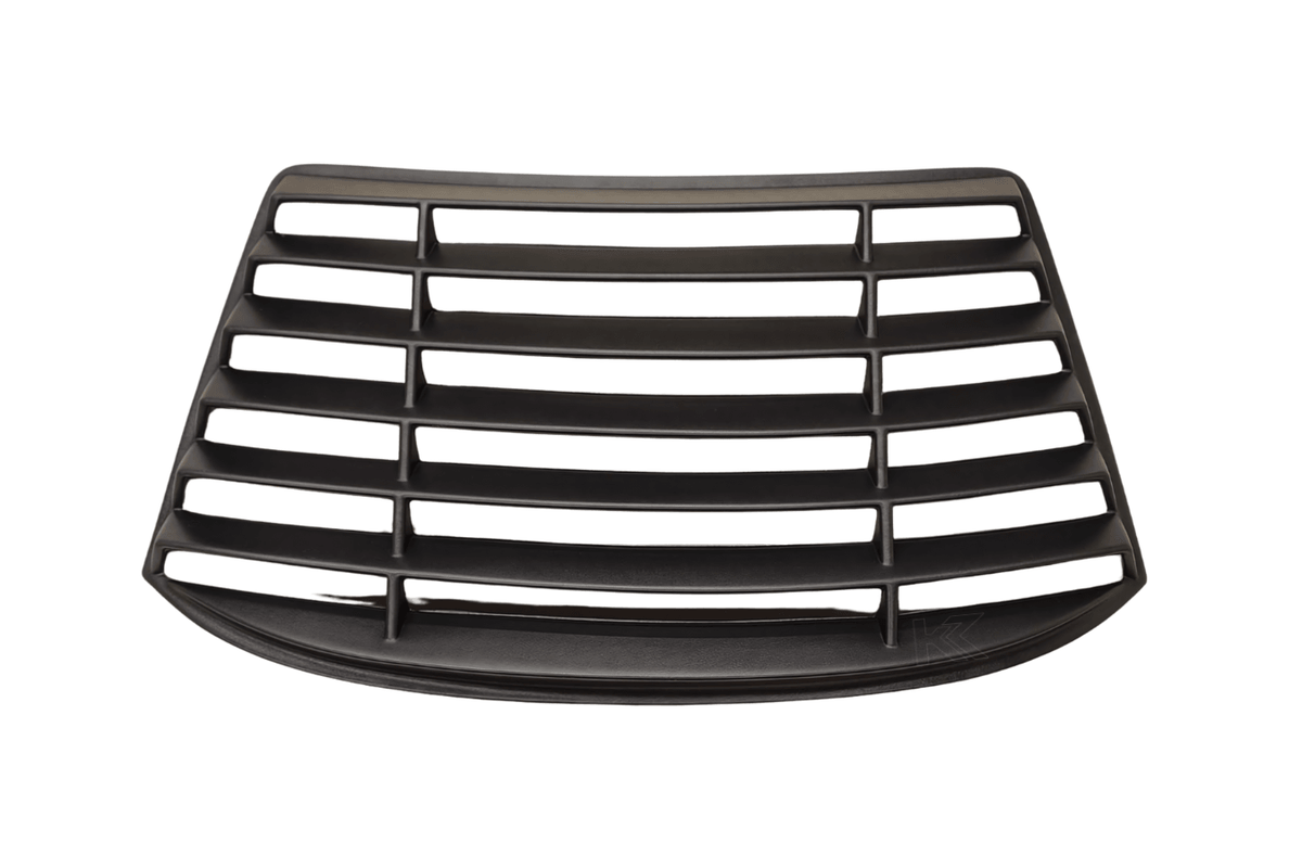 BMW E36 Compact Series 3 black windshield louvers by K2 Industries, designed for 1992-1999 models, shown on a car window.