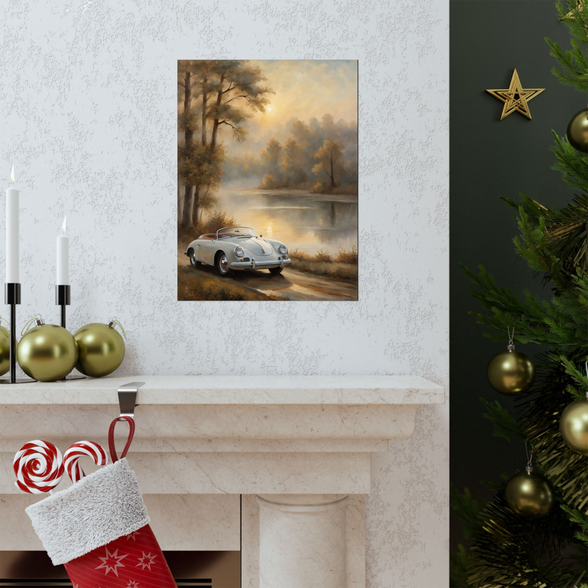 Vintage 1956 Porsche 356 Speedster Poster | Misty Lakeside Sunrise Wall Art | Impressionist European Classic Sports Car Fine Art Paper Print