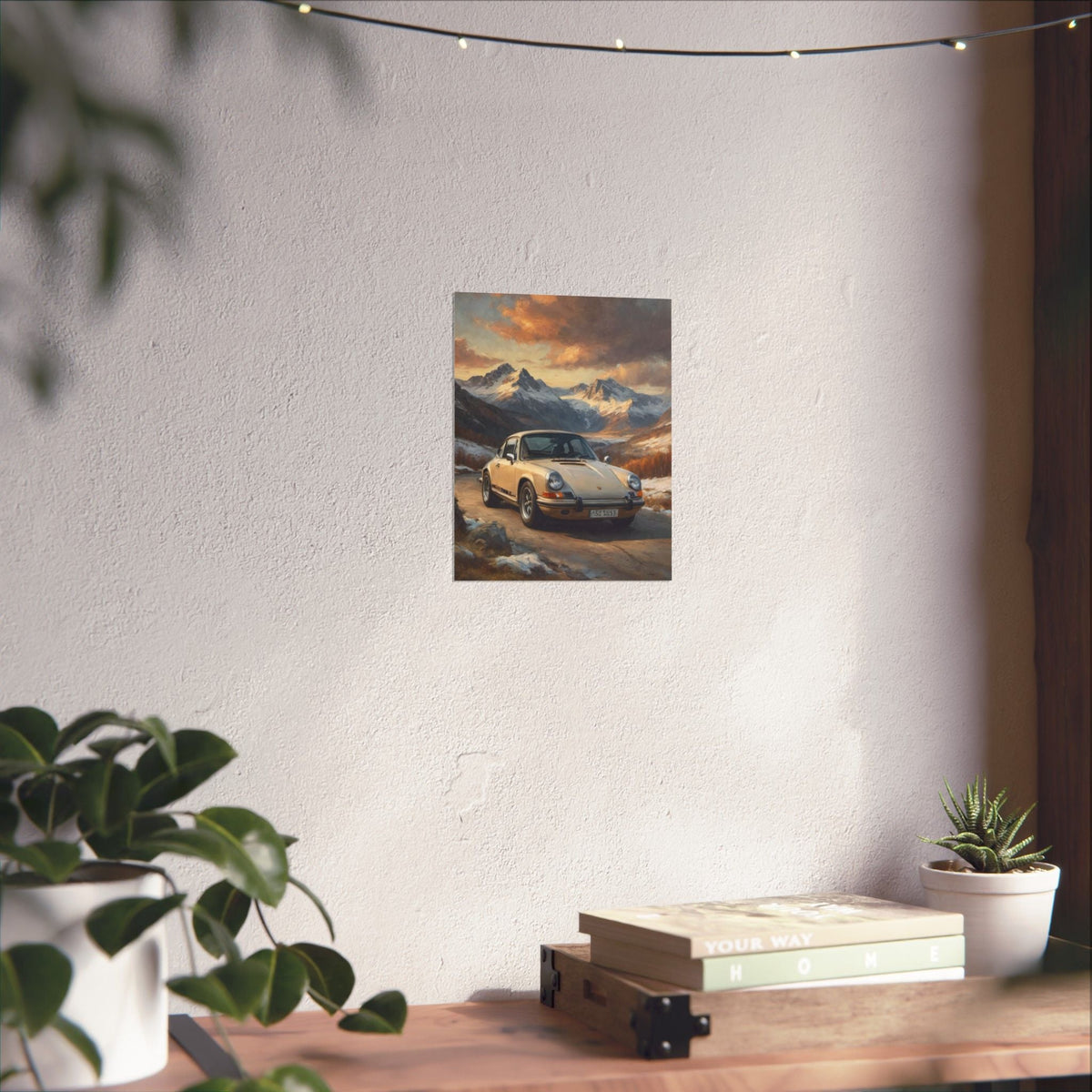 1973 Porsche 911 Wall Art Beige Sahara Grey Snow Capped Alps Alpine Pass Sunset Poster Classic German Sports Car Oil Painting Fine Art Print for Home Office Decor