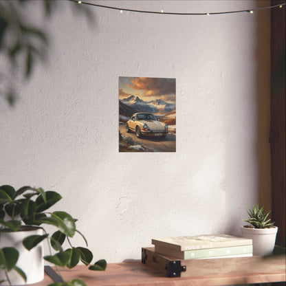 1973 Porsche 911 Wall Art Beige Sahara Grey Snow Capped Alps Alpine Pass Sunset Poster Classic German Sports Car Oil Painting Fine Art Print for Home Office Decor