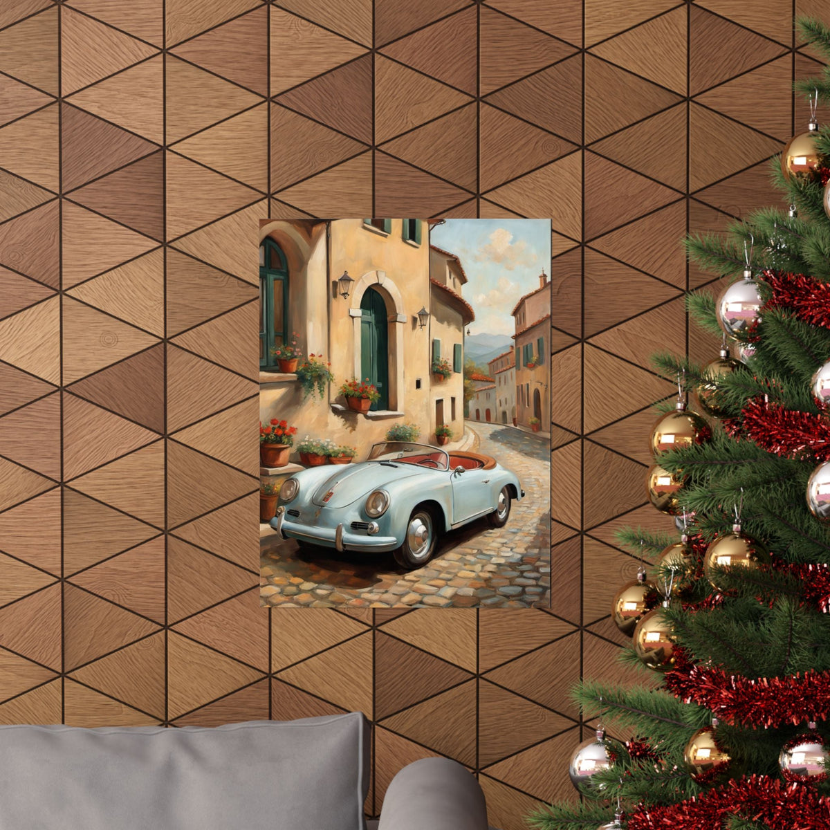 Vintage 1956 Porsche 356 Speedster Poster | Italian Village Street Wall Art | Impressionist European Classic Sports Car Fine Art Paper Print