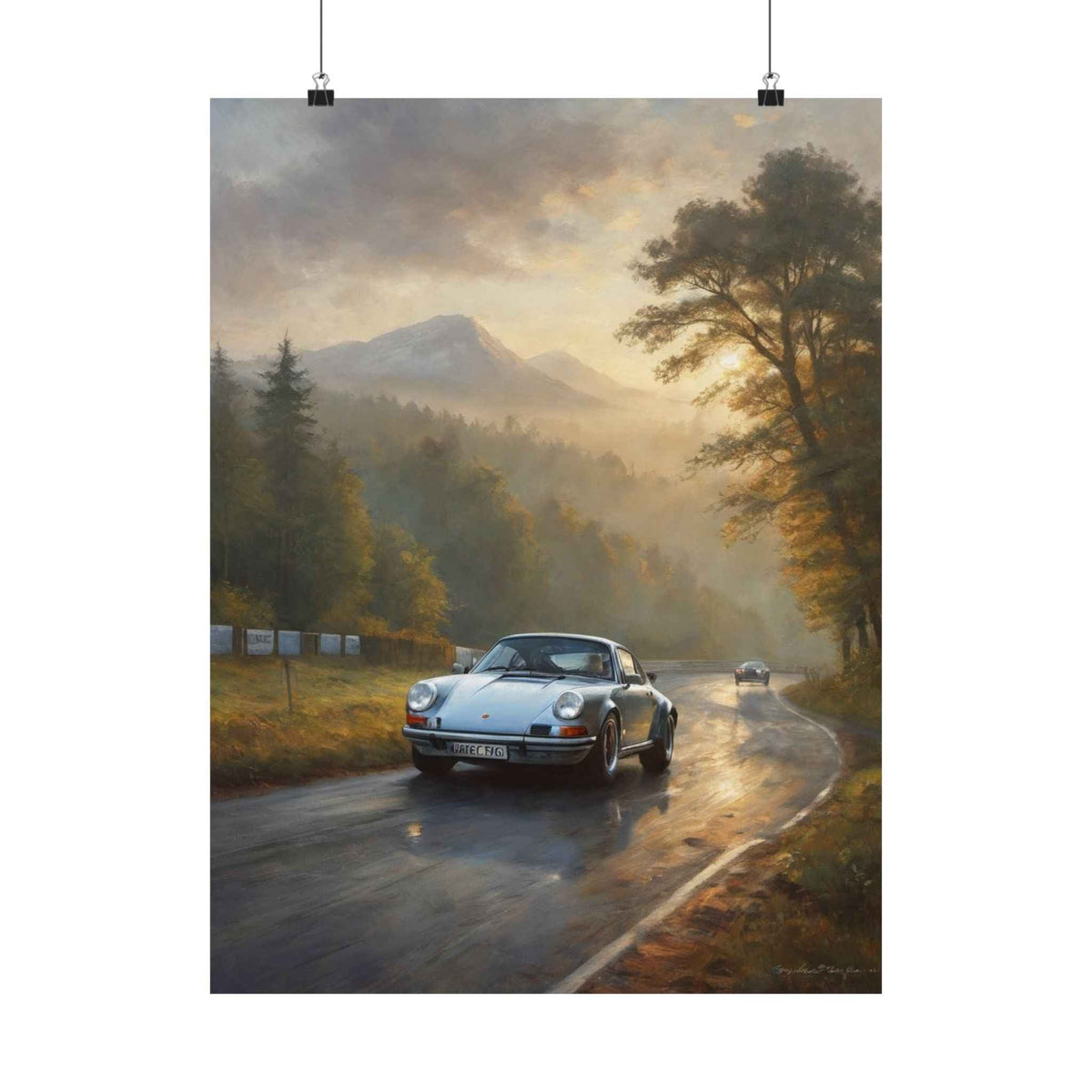 1973 Porsche 911 Wall Art Silver Metallic Nürburgring Nordschleife Misty Forest Racetrack Sunrise Poster Classic German Sports Car Oil Painting Fine Art Print for Home Office Decor