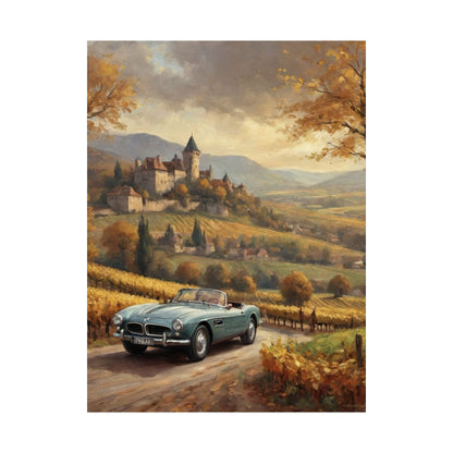 Vintage 1957 BMW 507 Roadster Poster | Autumn Vineyard Castle Valley Wall Art | Impressionist European Classic Sports Car Fine Art Paper Print