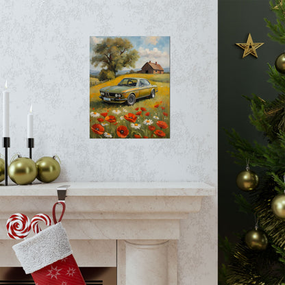 1973 BMW 30 CSL Wall Art Taiga Green Spring Poppy Field Countryside Barn Poster Classic German Sports Coupe Oil Painting Fine Art Print for Home Office Decor