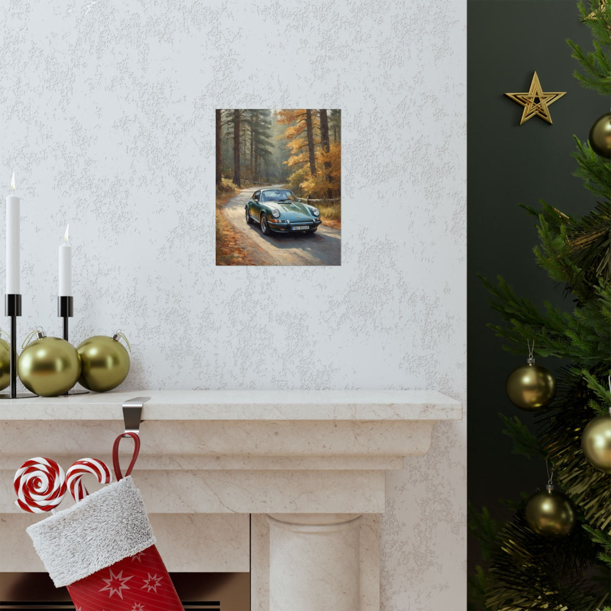 1973 Porsche 911 Wall Art Forest Green Autumn Pine Forest Dirt Road Poster Classic German Sports Car Oil Painting Fine Art Print for Home Office Decor