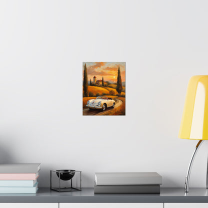 Vintage 1956 Porsche 356 Speedster Poster | Tuscan Countryside Sunset Wall Art | Impressionist European Classic Sports Car Fine Art Paper Print