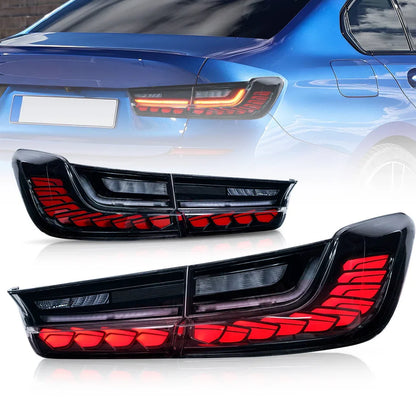 Vekto GTS OLED tail lights for BMW G20 3 Series and G80 M3 with cherry red and smoked lenses, sleek automotive lighting.