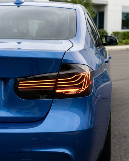 BMW 3-Series F30/F80 CSL laser style tail lights by K2 Industries with RGB color-changing LEDs, for 2013-2018 models.