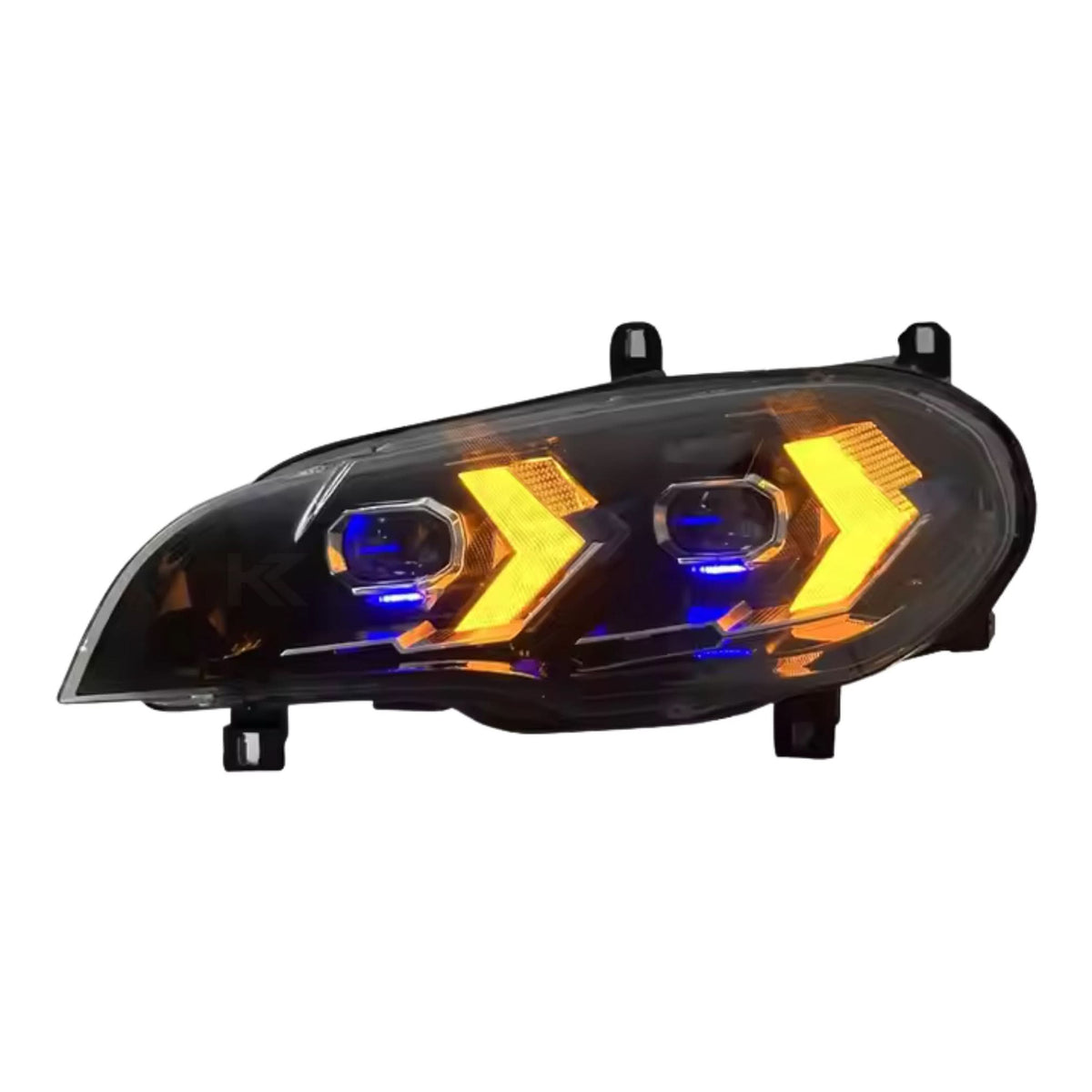 BMW X5 E70 laser style LED headlights by K2 Industries, showing sleek headlight units with bright LED and laser accents for 2007-2013.