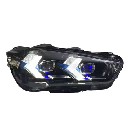 BMW X1 F48 LED headlights by K2 Industries, arrow style design, installed on 2016-2022 model, with bright LED lighting and clear lens