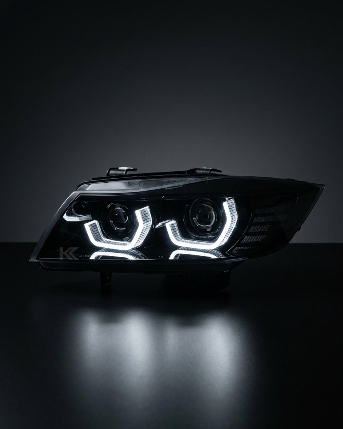 BMW 3-Series E90/E91 TRON headlights by K2 Industries, showcasing the sleek design and modern lighting elements for 2005-2012 models.