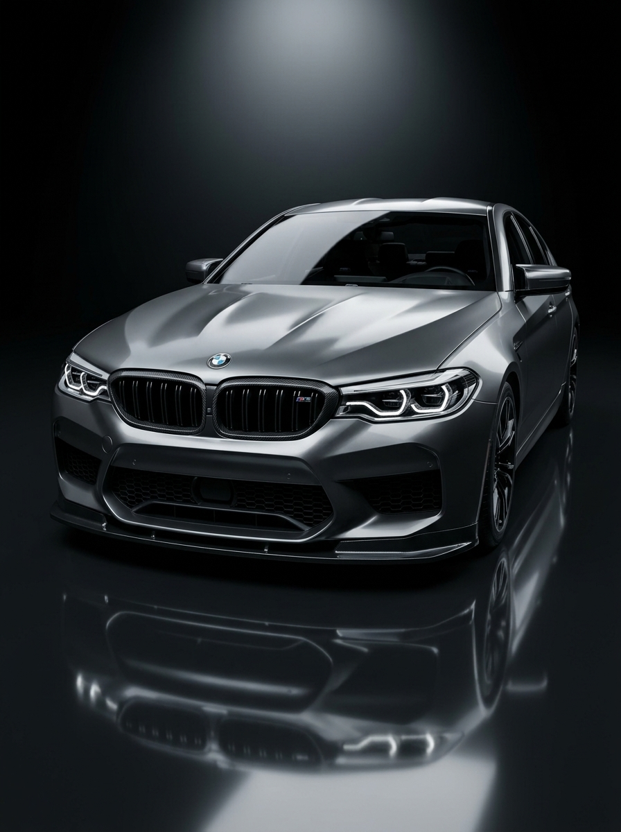 BMW 5 Series G30 carbon fiber front grille by K2 Industries, sleek and lightweight with a textured carbon fiber finish.