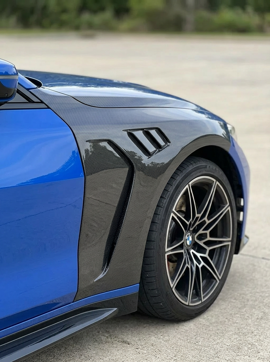 BMW 4 Series G82 M4 carbon fiber fenders by K2 Industries, showcasing sleek, lightweight, and aerodynamic design.