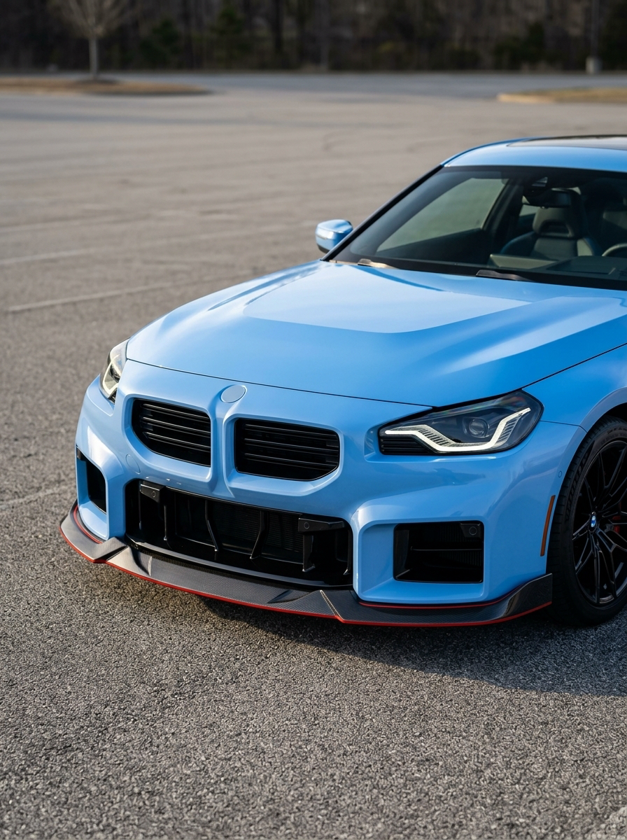 BMW 2 Series G87 M2 MHC Style carbon fiber front lip by K2 Industries, showcasing sleek aerodynamic design for 2023+ models.