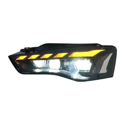 Audi A5 RS5 style LED headlights by K2 Industries, showing sleek black housing and bright LED daytime running lights.