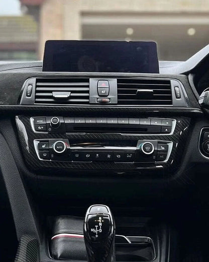 BMW 3 Series F30 carbon fiber radio cover trim by K2 Industries, showcasing sleek interior interior upgrade for models 2011-2019.