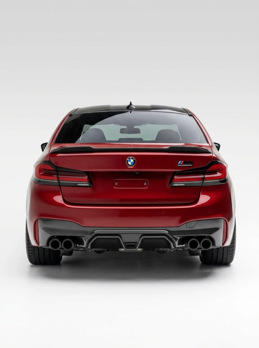 BMW 5 Series F90 M5 CS style carbon fiber rear diffuser by K2 Industries, designed for 2020+ models, showcasing sleek carbon fiber finish.