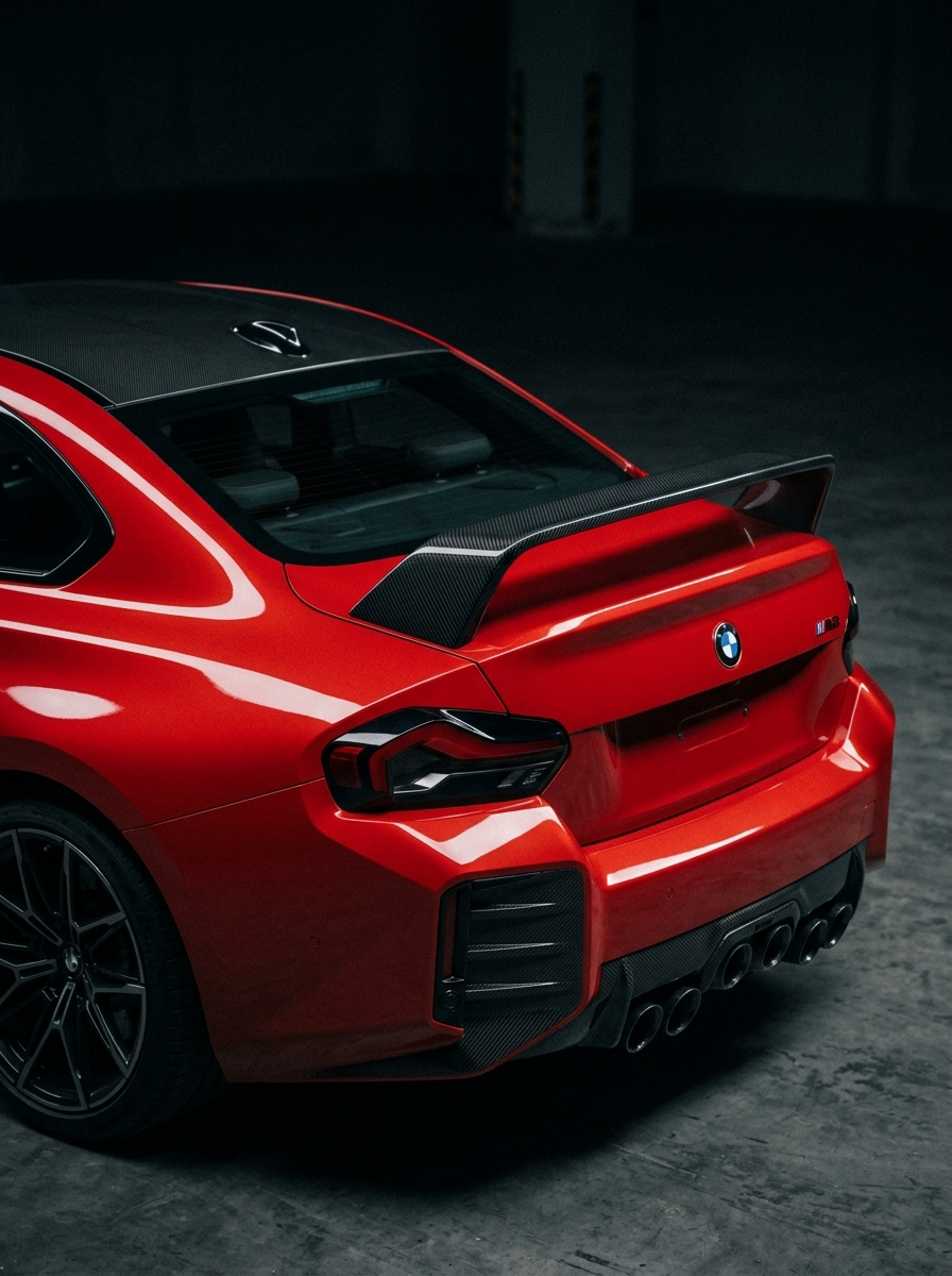 BMW 2 Series G87 M2 carbon fiber MP style wing by K2 Industries, showcasing sleek aerodynamic design on a 2023+ model.