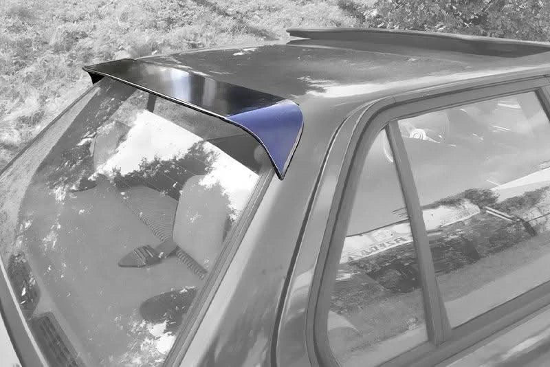 BMW E30 3 Series roof spoiler by K2 Industries, shown installed on the 1982-1994 coupe with sleek aerodynamic design.