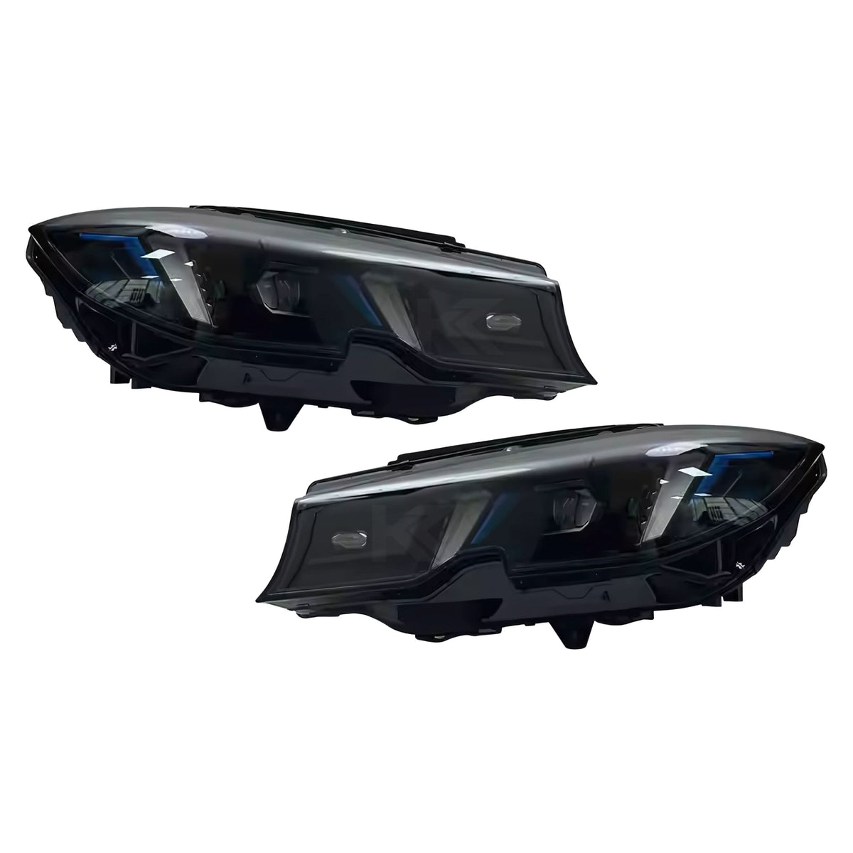 K2 Industries BMW 3 Series G20 G28 Snake Eye Style Sequential LED Headlights, front view showing LED light strips and design