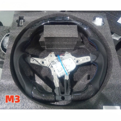 Vekto real carbon fiber LED steering wheel for BMW M3 F30 F80 F82 F87 F32 F36 F Series models, non-heated, close-up of wheel with LED accents.