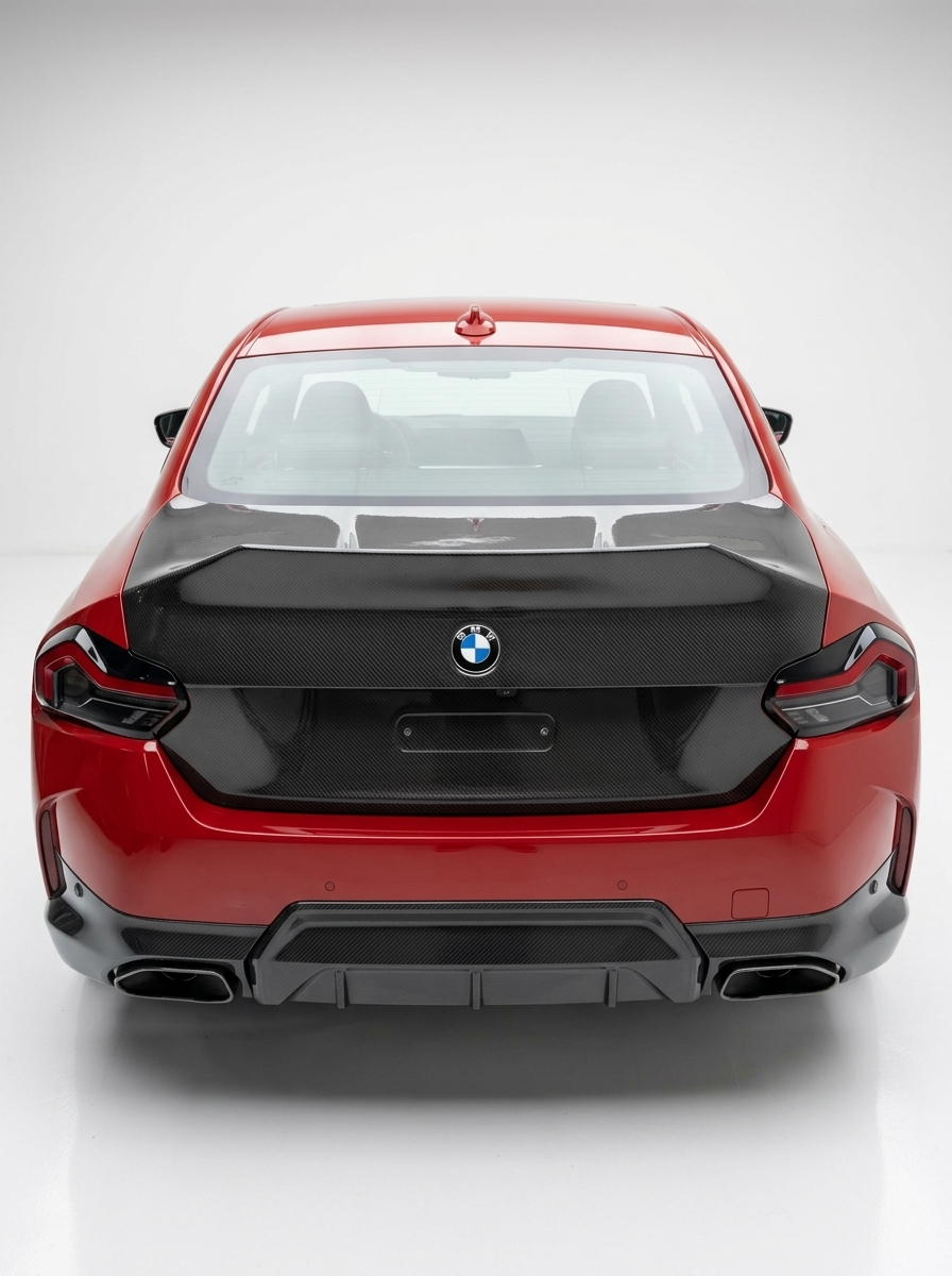 BMW 2 Series G42 M240i CSL dry carbon fiber trunk by K2 Industries, showcasing sleek, lightweight carbon fiber with aerodynamic design.