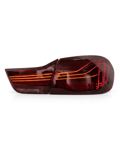 BMW 4-Series F32 F82 430i CSL style LED tail lights, black with clear lenses, for 2013-2018 models, by K2 Industries.