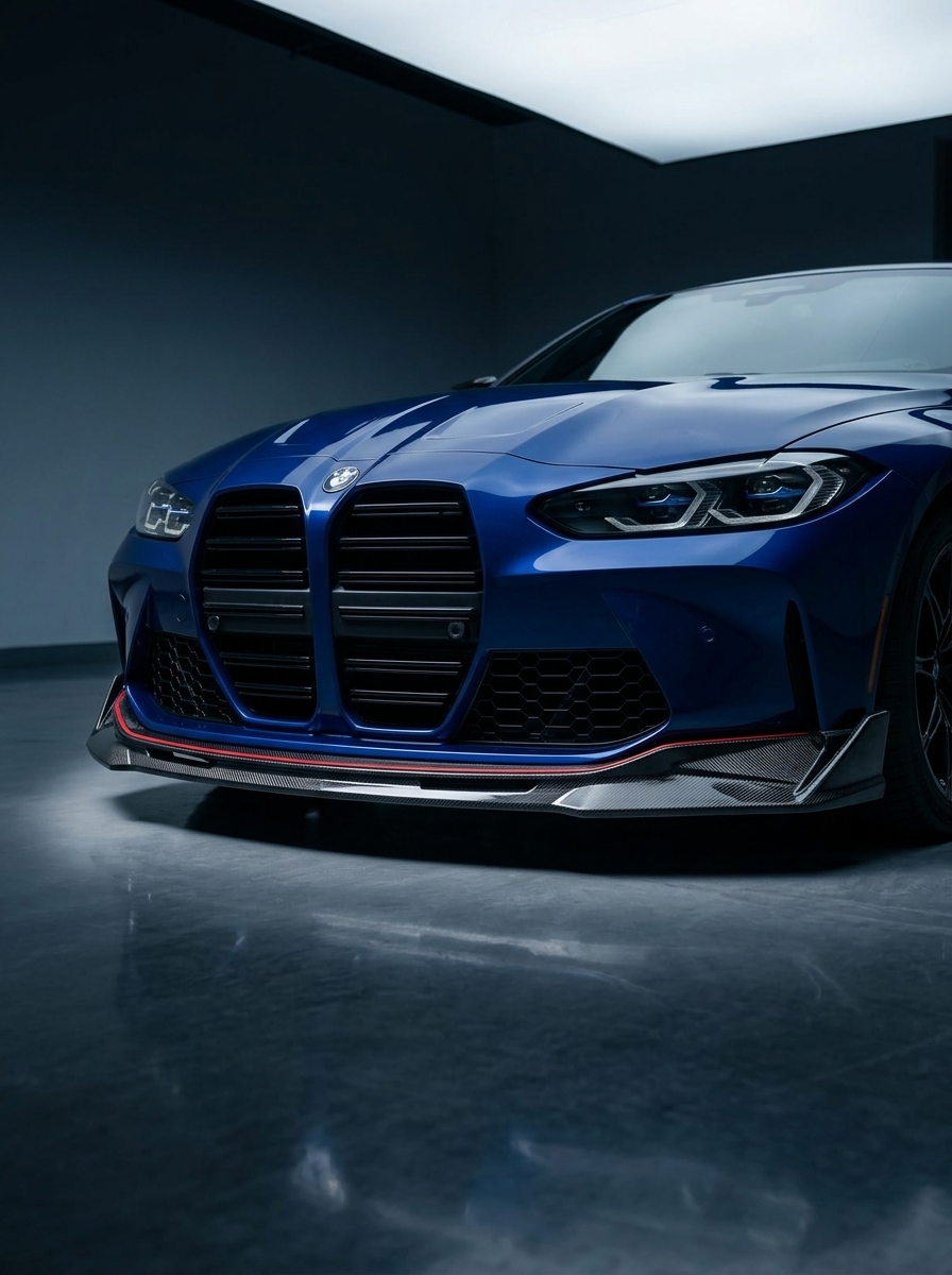 BMW 3 Series M3 M4 G80 G82 carbon fiber front lip by K2 Industries, showcasing sleek, aerodynamic design for sporty appearance.