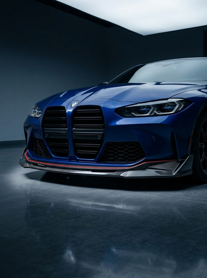 BMW 3 Series M3 M4 G80 G82 carbon fiber front lip by K2 Industries, showcasing sleek, aerodynamic design for sporty appearance.