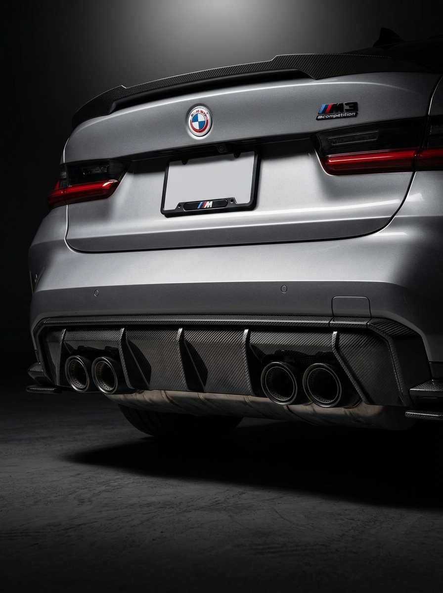 BMW 3 Series G80 M3 G82 G83 M4 Euro version carbon fiber rear diffuser by K2 Industries, showcasing sleek, textured carbon fiber design.