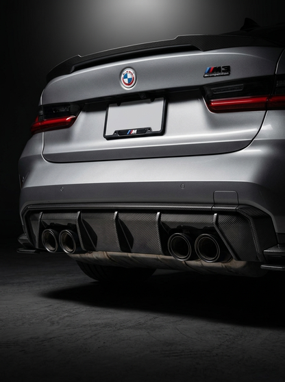 BMW 3 Series G80 M3 G82 G83 M4 Euro version carbon fiber rear diffuser by K2 Industries, showcasing sleek, textured carbon fiber design.