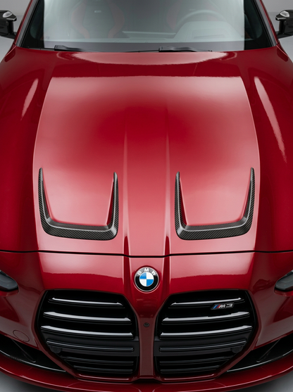 BMW 3/4 Series G80/G81/G82/G83 carbon fiber hood vents by K2 Industries, showcasing sleek, lightweight vent design on hood.