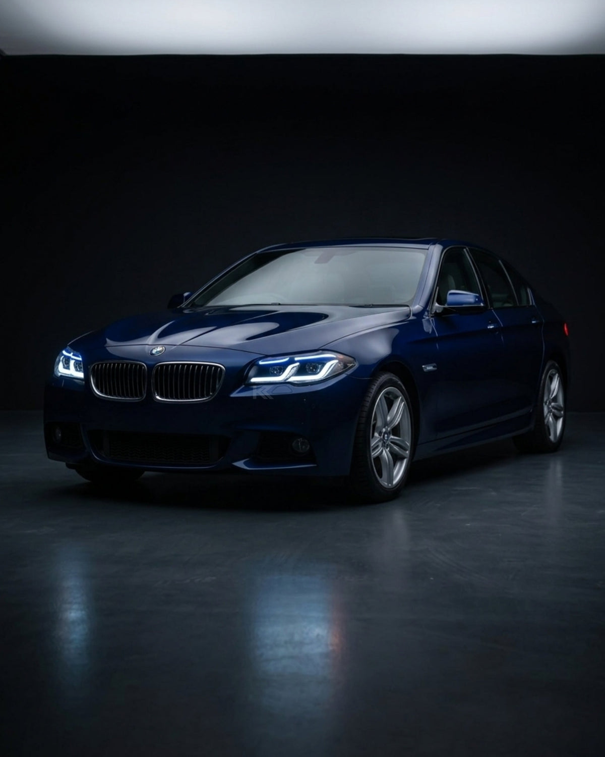 BMW 5-Series F10/F18 headlights with G30 style by K2 Industries, showing the sleek design and modern lighting elements.