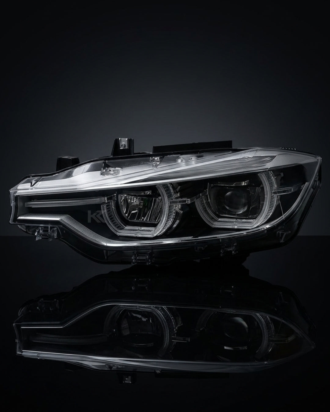BMW 3 Series F30 LED headlight assembly by K2 Industries with triple-color DRL, high and low beams, for 2012-2018 models.