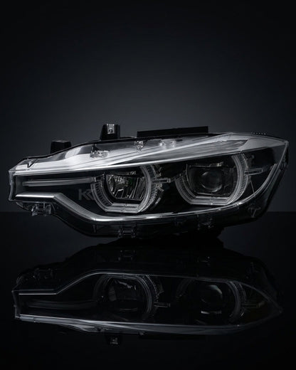 BMW 3 Series F30 LED headlight assembly by K2 Industries with triple-color DRL, high and low beams, for 2012-2018 models.