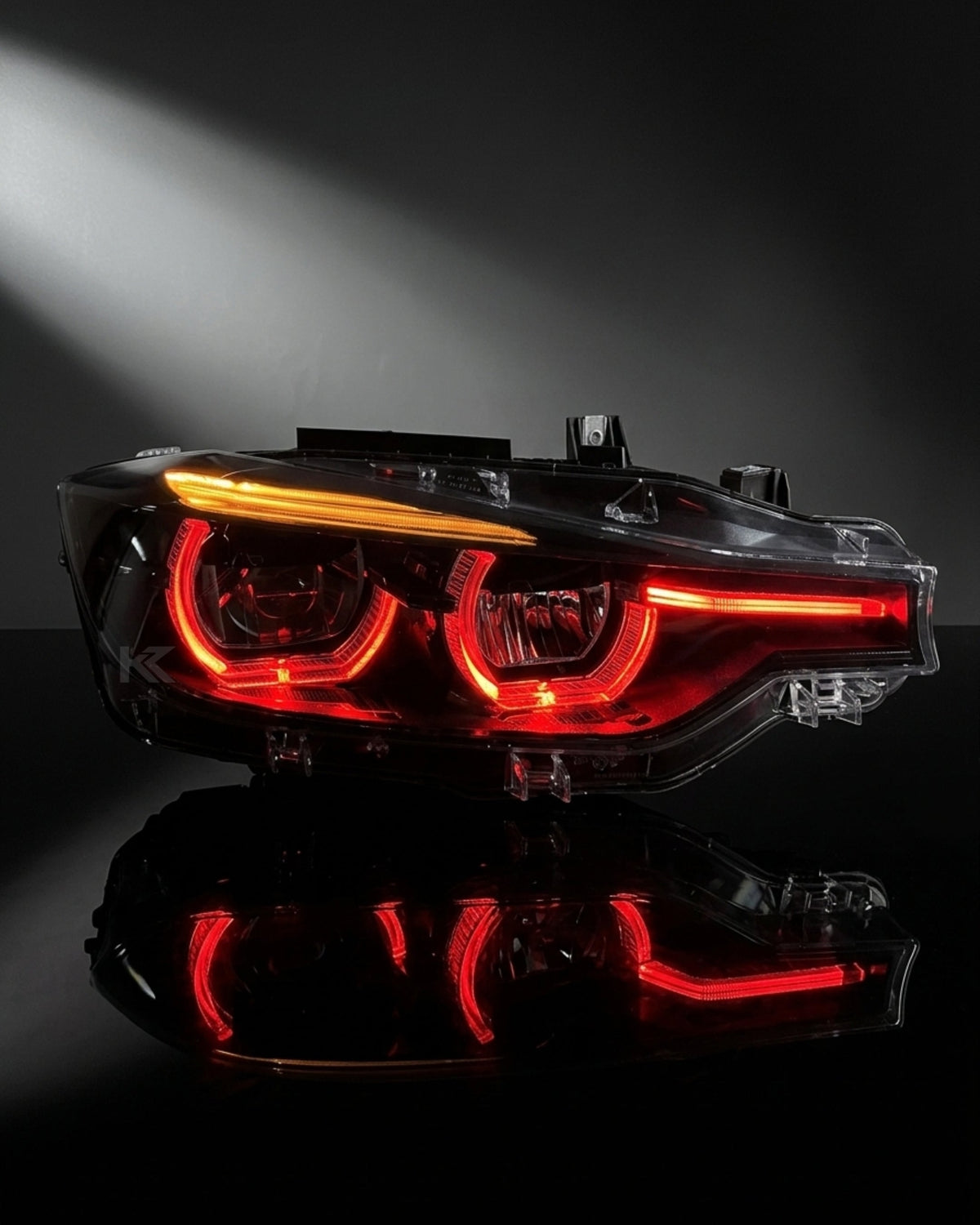 BMW 3 Series F30/F31/F35 V3 smoked triple-color LED headlight assembly with white, yellow, and red daytime running lights, 2012-2018.