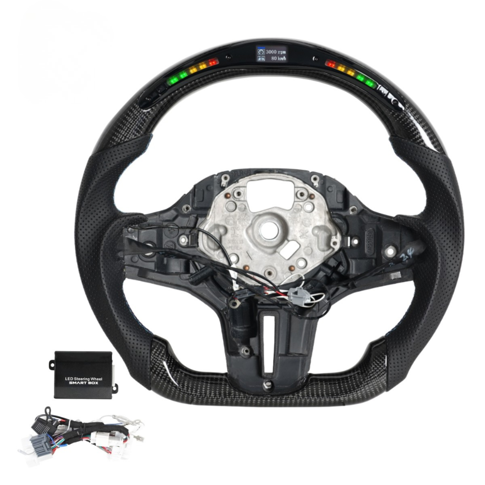 Vekto M Sport carbon fiber heated LED steering wheel for BMW G Series F90 2018+ showing close-up of controls and textured surface.