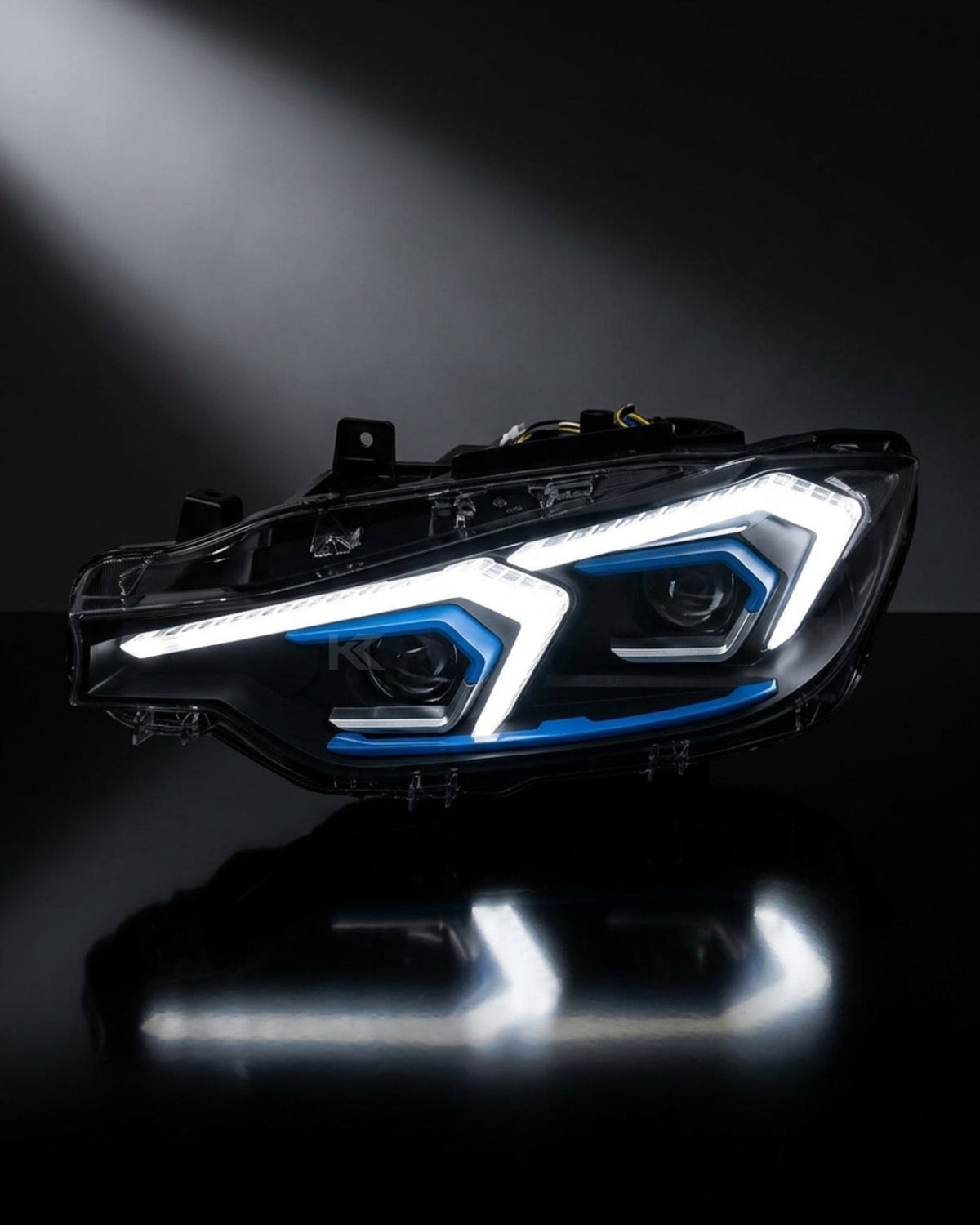 BMW 3-Series F30 F35 LED headlights by K2 Industries, LAZER V2 model, showcasing sleek design and LED lighting elements.