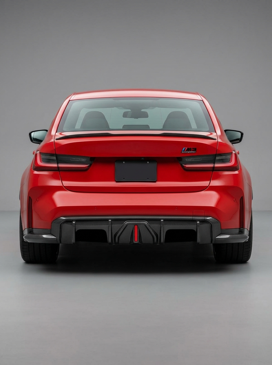 BMW 3 Series G80 M3 G82 G83 M4 carbon fiber rear diffuser with integrated LED lights, designed for 2019-2024 models by K2 Industries.