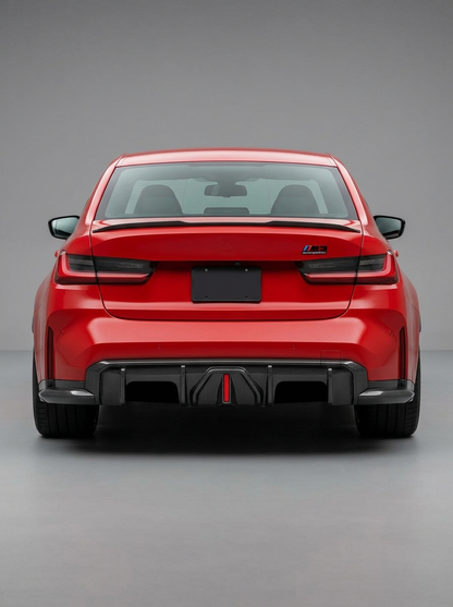 BMW 3 Series G80 M3 G82 G83 M4 carbon fiber rear diffuser with integrated LED lights, designed for 2019-2024 models by K2 Industries.