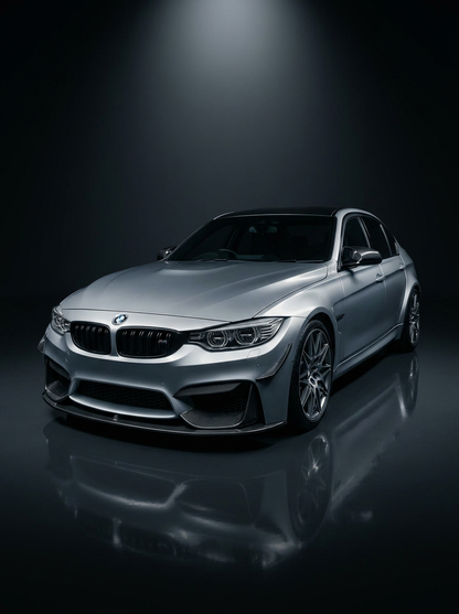 BMW 3 Series F80 M3 F82 M4 M Performance Style carbon fiber front lip by K2 Industries, designed for 2015-2019 models.