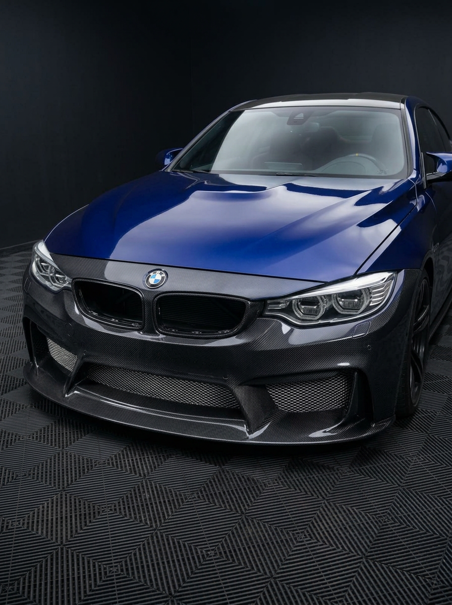 BMW 3 Series F80 F82 F83 carbon fiber front bumper by K2 Industries showing sleek, aerodynamic design and detailed 3D carbon fiber finish.