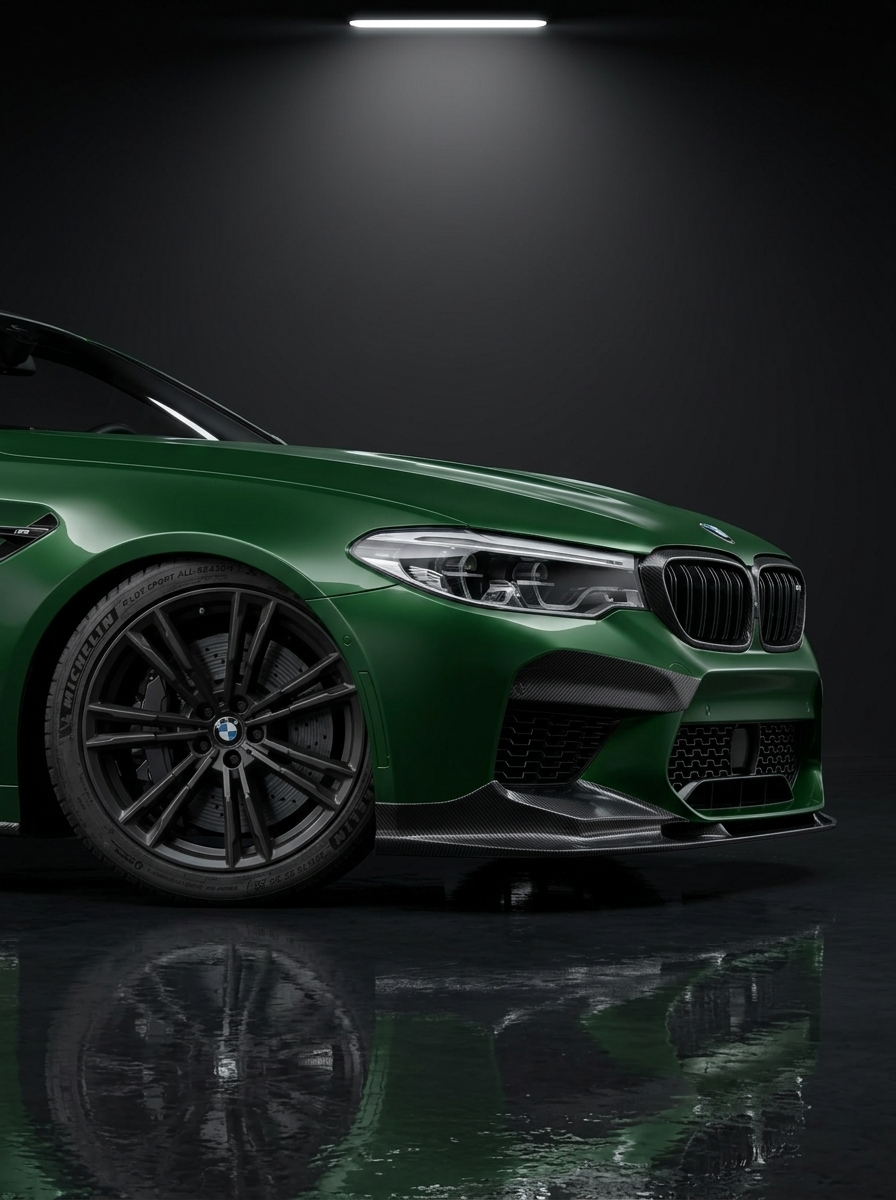 BMW 5 Series F90 M5 3D Style carbon fiber front lip by K2 Industries, showcasing the sleek, textured design on the front bumper.