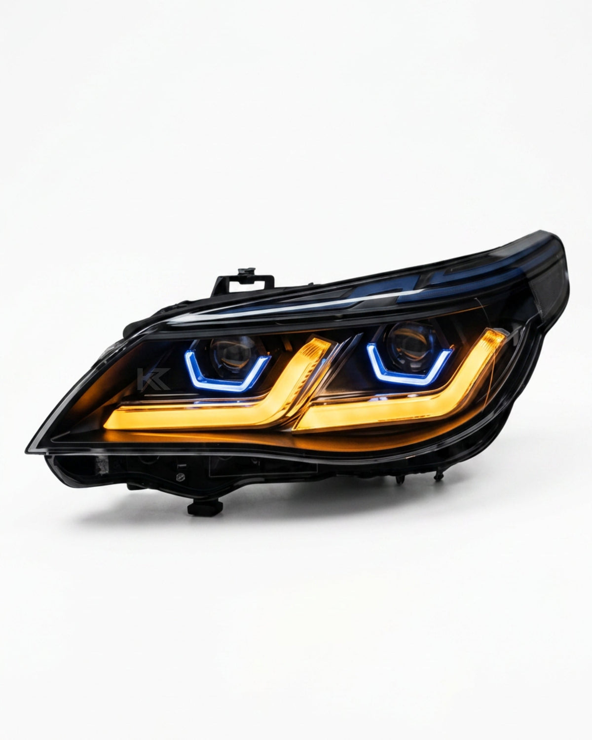 K2 Industries LED headlights for BMW 5-Series E60 E61 525i 530i 535i, modern style, clear lens, and sleek design for 2003-2010.