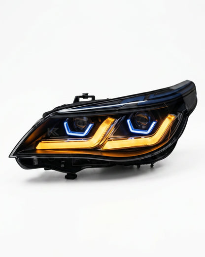 K2 Industries LED headlights for BMW 5-Series E60 E61 525i 530i 535i, modern style, clear lens, and sleek design for 2003-2010.
